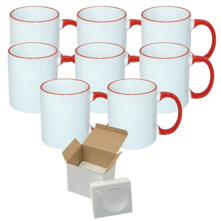 

Mugsie 8 Pcs 11OZ Red Rim & Handle Sublimation Mugs With Foam Support Boxes