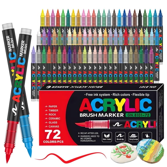Marcadores Acrílicos 72 Colores Punta Brush – Tinta Acrílica Líquida de 2.4 ml, Caja de 5 Niveles, Ideal para Arte en Roca, Madera, Vidrio, Tela y M&aacu