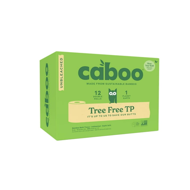 Papel higiénico Caboo Tree Free, sin blanquear, 2 capas, 12 rollos dobles