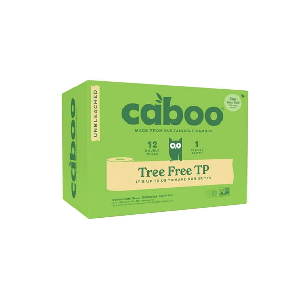 Papel higiénico Caboo Tree Free, sin blanquear, 2 capas, 12 rollos dobles