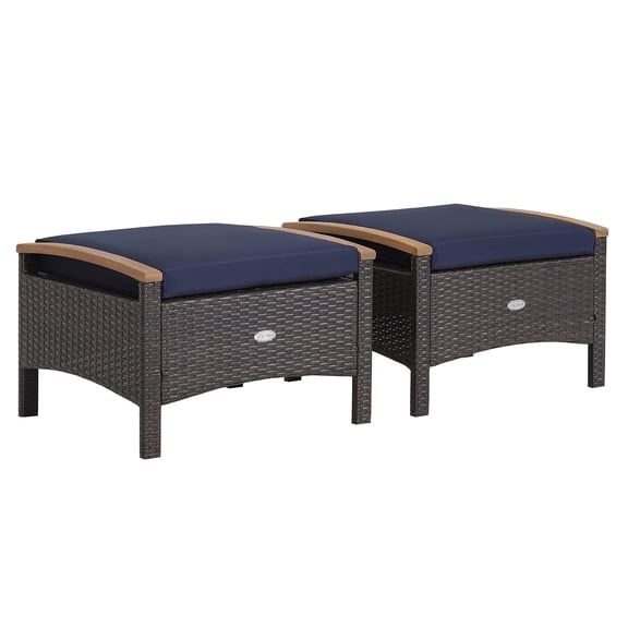Gymax 2PCS Patio Ottomans Wooden Handles Rattan Knitting Foot Pedal Navy