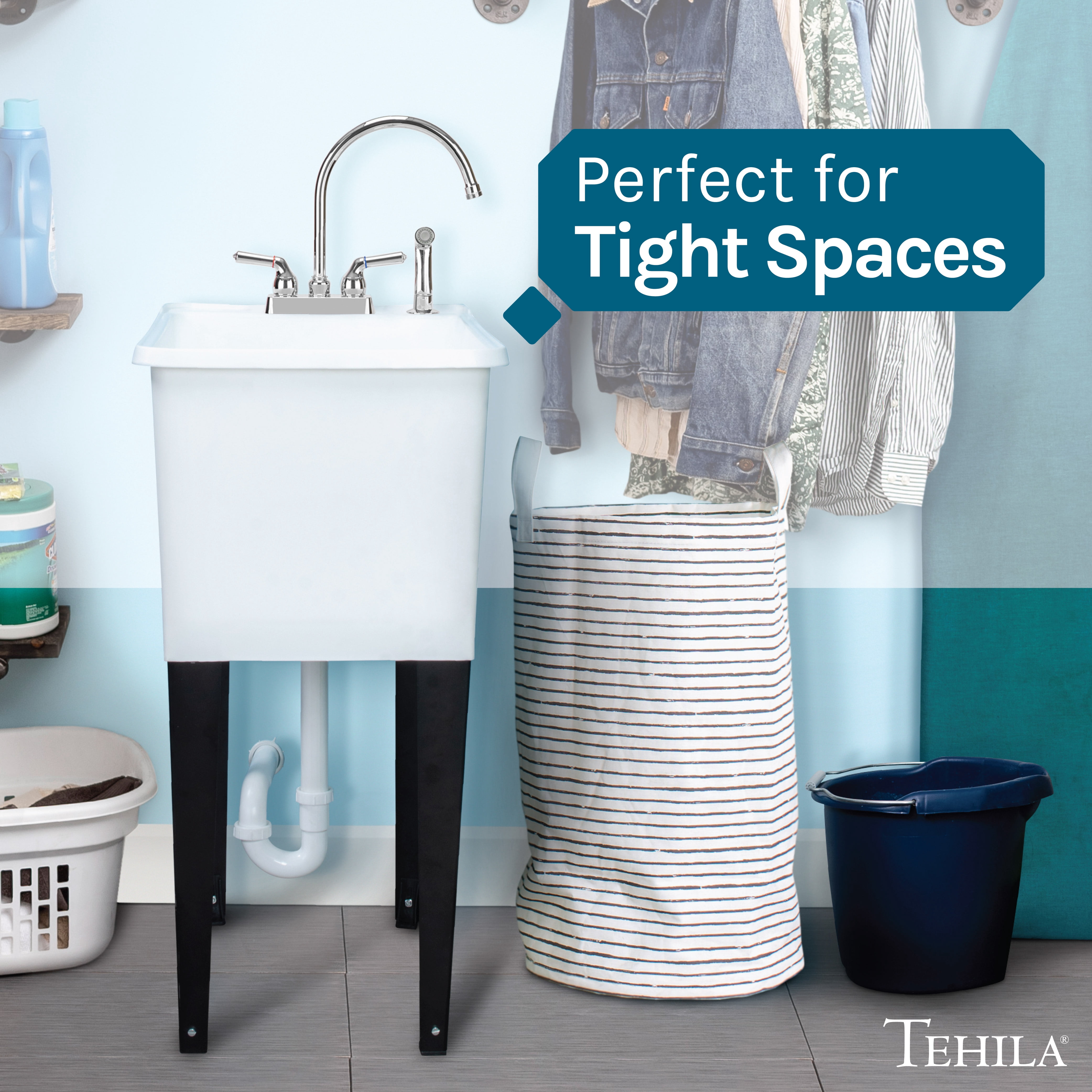 TEHILA Space Saver 16 Gallon White Utility Sink with Chrome Finish Faucet & Side-Sprayer