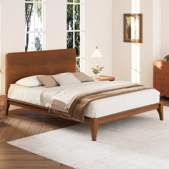 MODERNLUXE Full Size Bamboo Platform Bed, Mid-Century Bed Frame with Tall Headboard and Wood Slat Support, No Box Spring Needed, Easy Assembly, Brown