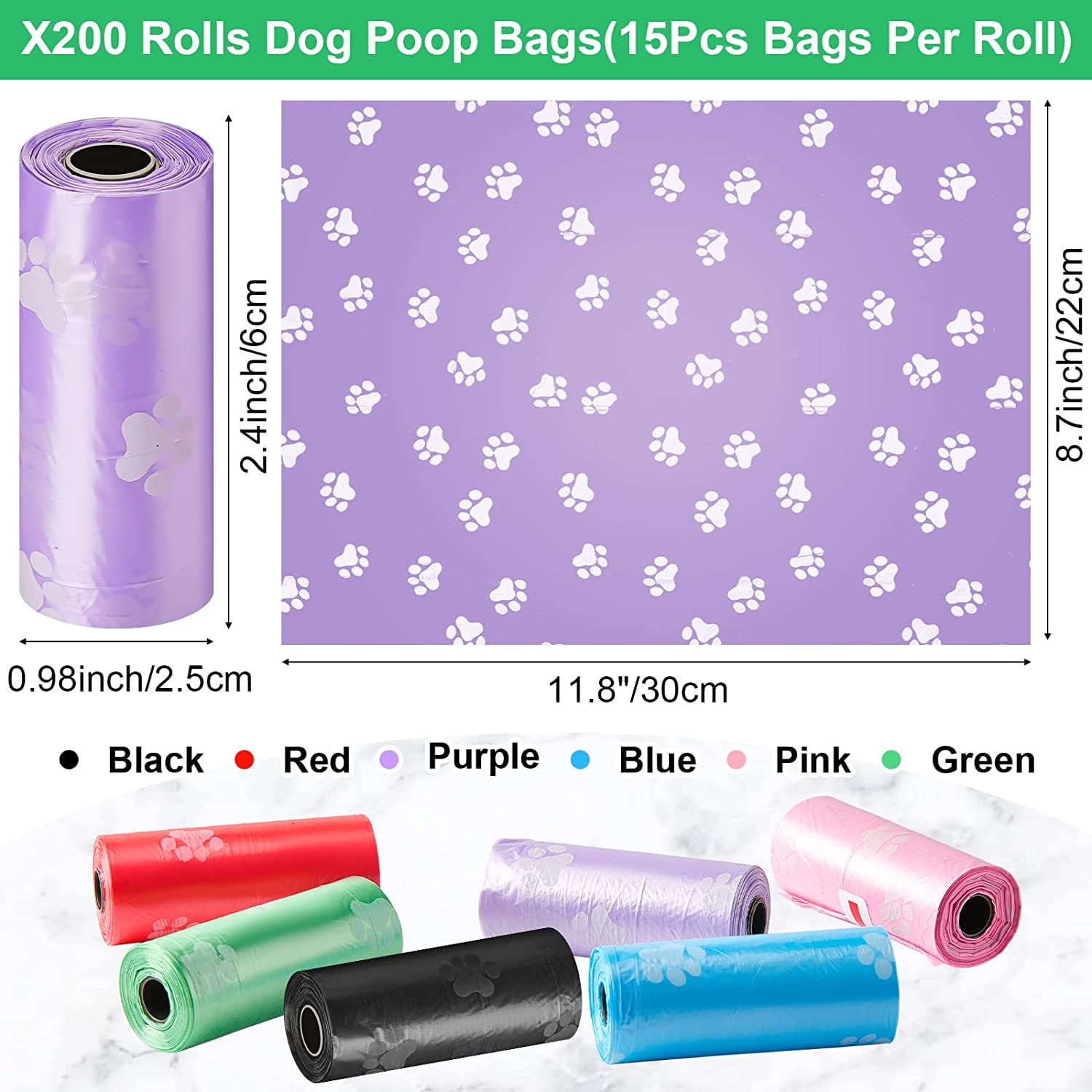 3000 Counts 200 Rolls Dog Poop Bag Plastic Dog Waste Bags Disposable For Doggie Pets Poop Outdoor Walking Travel Mixed Colors(Paw Print Style)