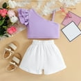 thumbnail image 4 of Odeerbi Toddler Girls 2 Piece Outfits Cotton One Shoulder Ruffle Sleeve Tops Shorts Set Summer Clothes Fashion Casual Sleeveless Tops Round Neck Collar Solid Color Shorts Sets Purple, 4 of 9