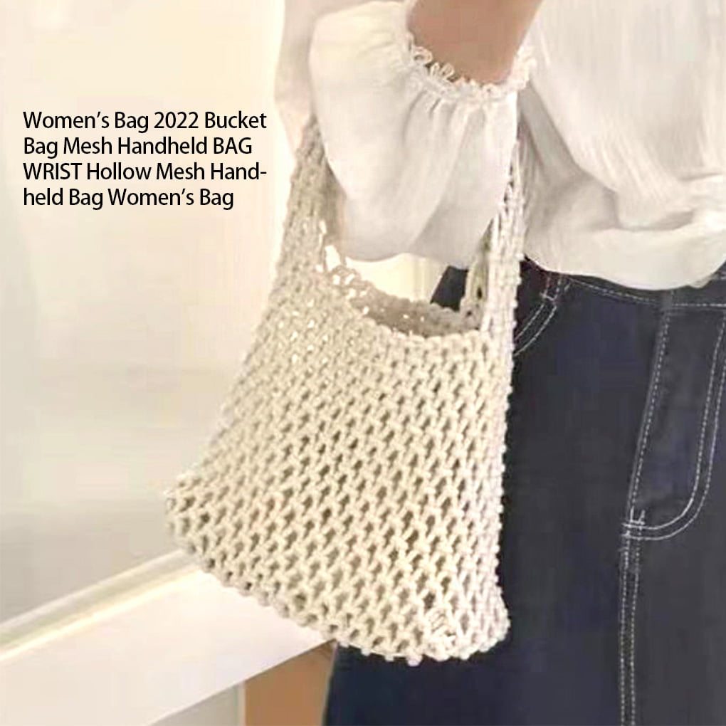Thinsont Women Woven Bucket Bag Mesh Hollow Bags with Leather Bottom  Organizer Container Handbag for Summer Outdoor Picnic Shopping White 