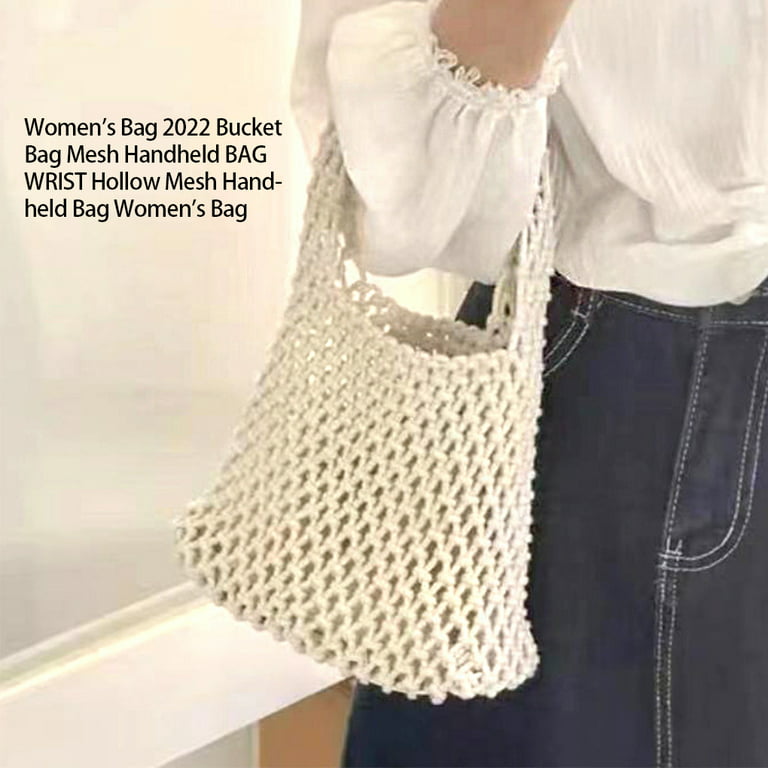 Worallymy Women Woven Bucket Bag Mesh Hollow Bags with Leather Bottom  Organizer Container Handbag for Summer Outdoor Picnic Shopping Yellow 