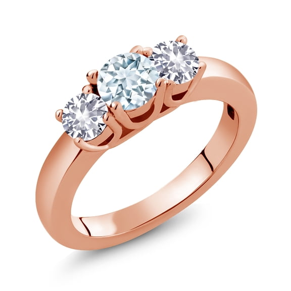 Gem Stone King 18K Rose Gold Plated Silver Sky Blue Aquamarine and White Created Sapphire 3 Stone Engagement Ring for Women (1.00 Cttw, Round 5MM, Gemstone March Birthstone, Size 9)