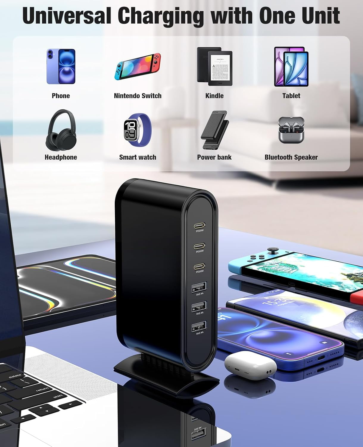 96W Charging Station for Multiple Devices,6 Port Multi Charger Station,USB C Fast Charging Hub Organizer Multiport Compatible with iPhone 17 16 15 Pro Max, Samsung, Android, iPad, (Black)