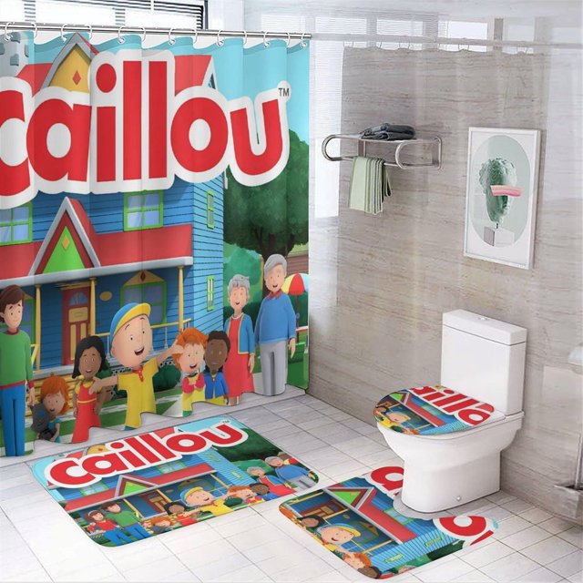 Caillou-theme 4-Piece Shower Curtain Set with Rugs, Waterproof Bathroom Decor Set Includes Bath Mat, U-Shaped Rug, Toilet Lid Cover and Curtain with Hooks