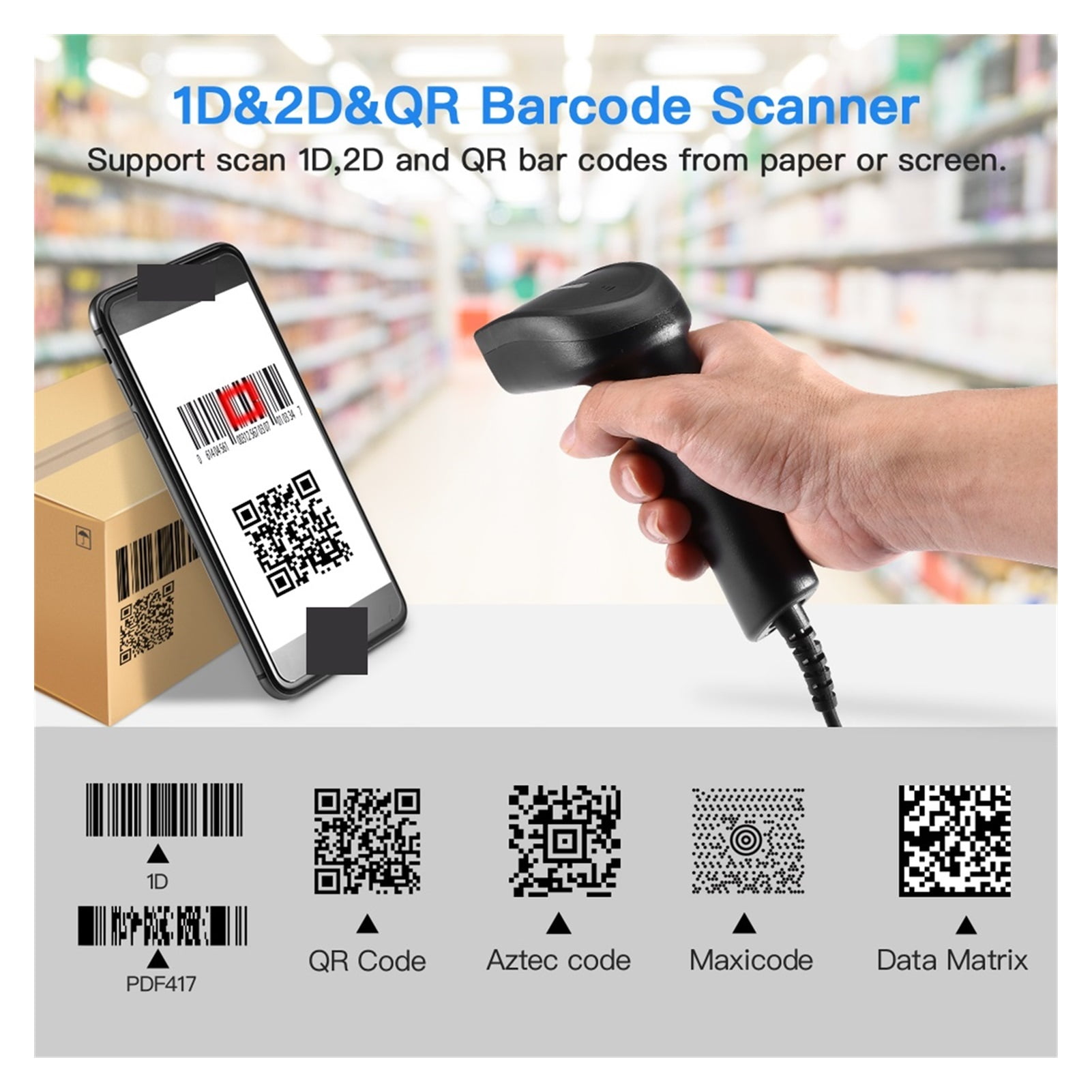QR Barcode Scanner Portable Wired 1D 2D USB Bar Code Reader For DataMatrix 2D Code Scanner ,Easy to Operate