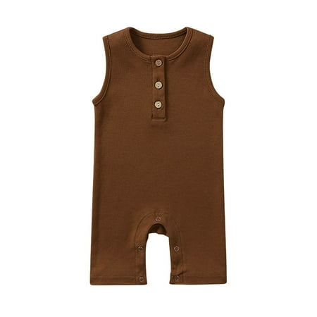 AJTQTH Romper for Kids Sleeveless Henley Neck Loose Fit Jumpsuit Button Closure Bodysuit Summer Casual Comfy Cotton Cute Solid Color Playsuit Onesie Outfits Brown 9 Months