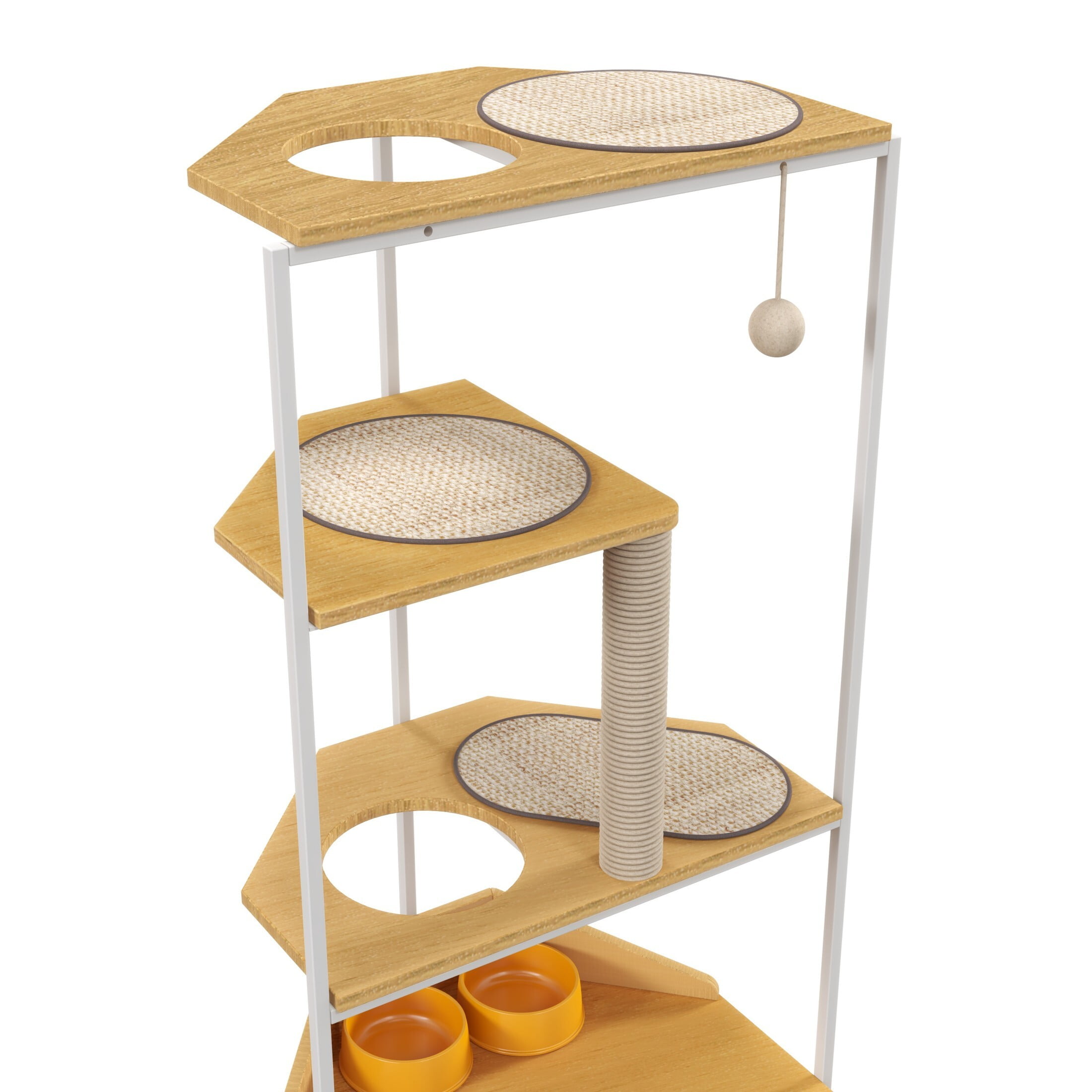 AENKYO 58.27 inch Indoor 5-level Cat Tree with Cat Nest and 2 Bowls, Cat Tower with Sisal Scratching Post, Light Oak