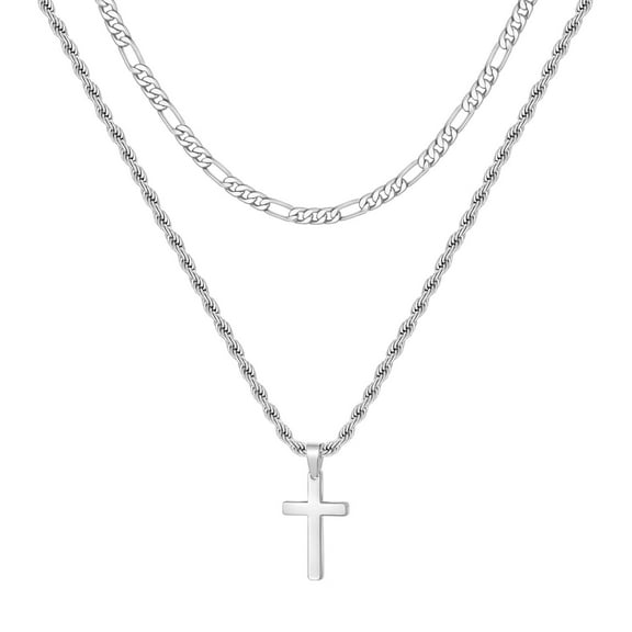 IEFSHINY Layered Cross Necklace for Men Women Stainless Steel Rope Figaro Chain Cross Pendant Necklace Jewelry Gifts