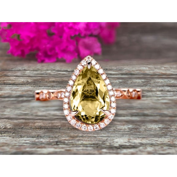 1.75 Carat 8x5mm Pear Shape Champagne Diamond Moissanite Engagement Ring Art Deco Wedding Ring 10k Rose gold Milgrain Anniversary Ring Halo Design