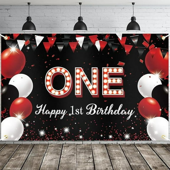 Lheaggik Happy 1st Birthday Banner, Red & Black Party Decorations for Boys & Girls, One Year Old Birthday Supplies Backdrop Decor, 6x4 Ft