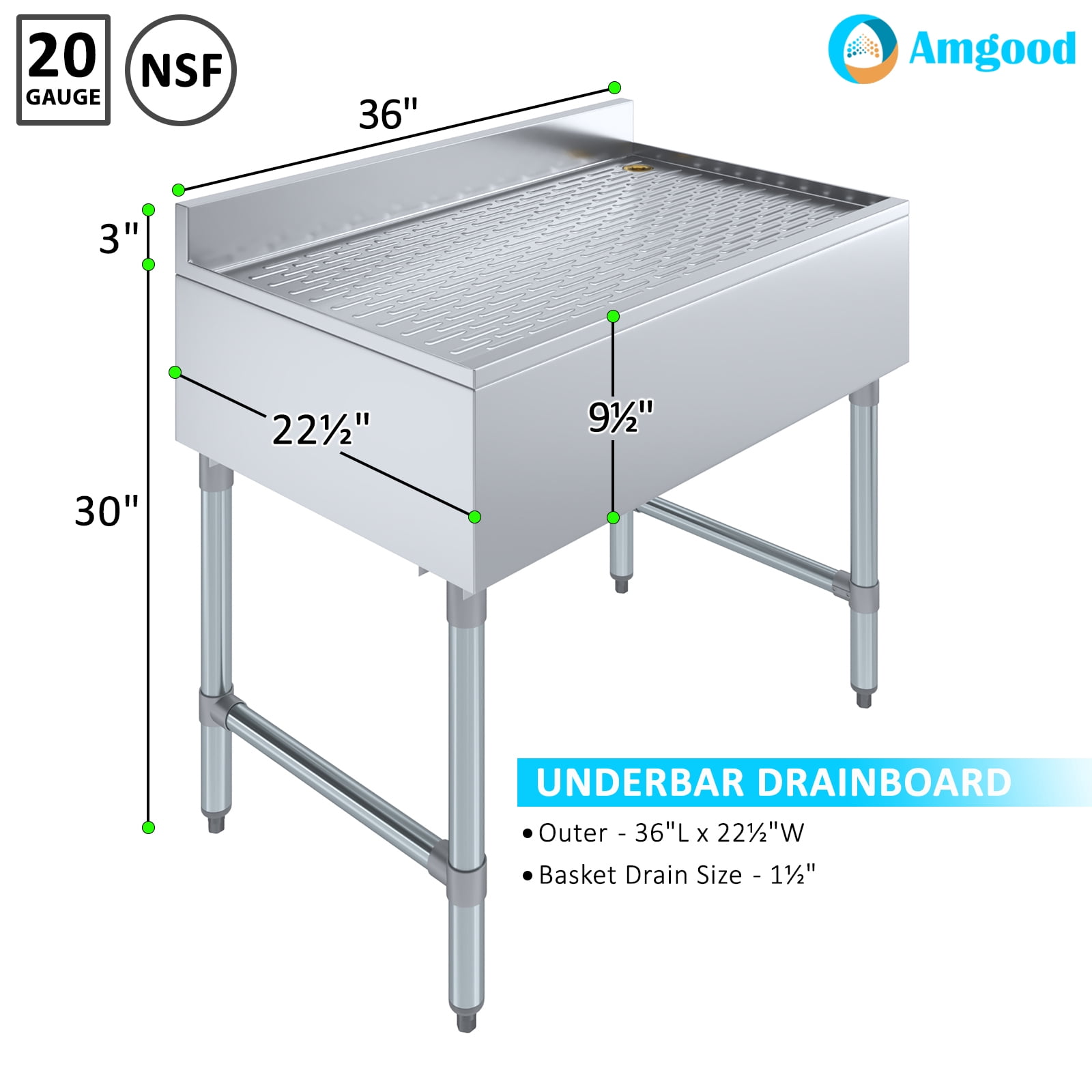 AmGood Underbar Stainless Steel Drainboard 22-1/2 in. x 36 in. x 30 in. H with 3 in. Backsplash