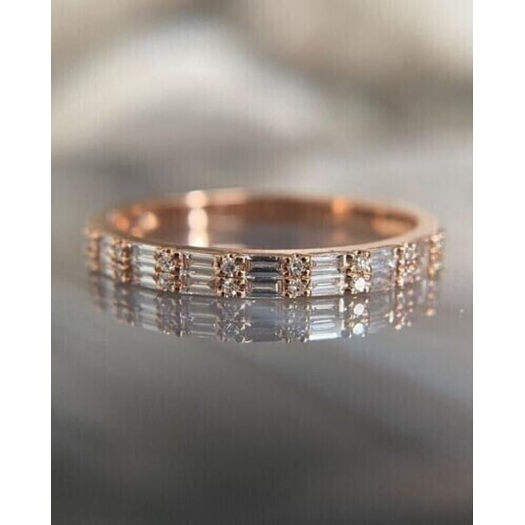 Round Cut-Baguette 2Ct Natural Band Moissanite Ring in 14K Rose Gold Plated
