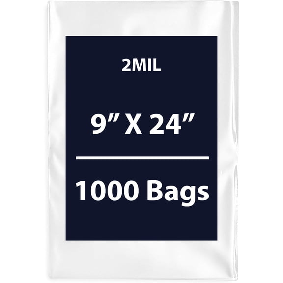 Clear Flat Poly Bags, 2Mil 9" X 24" & 1000 Bags | Low-Density Polyethylene (LDPE), Flat Open Top Plastic Packaging Packing | Flexible and Durable Plastic Bags