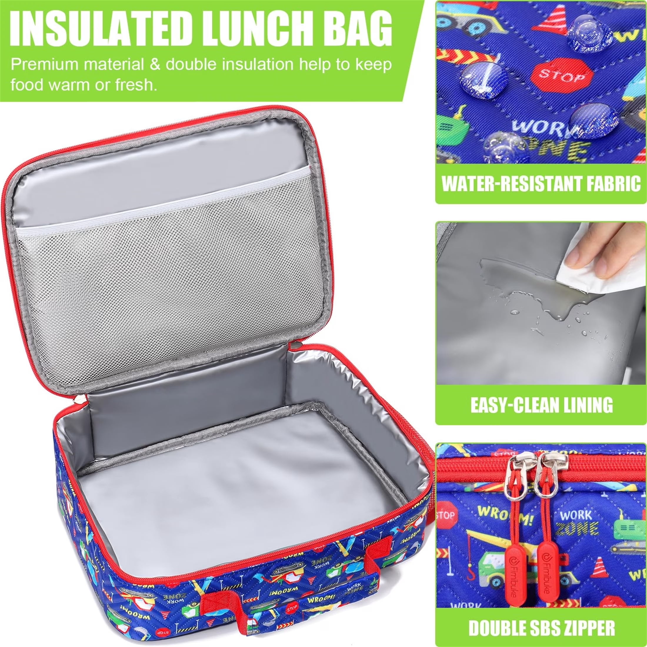 Bento Lunch Box with 4 Compartments, Insulated lunch Bag, 14oz Stainless Steel Water Bottle, Ice Pack, Utensils Set (Construction Trucks)