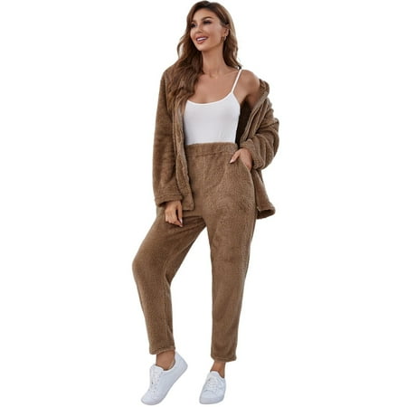 

SELONE Pajama Set for Women Plus Size Lingerie Casual Zipper Fall Winter Plush Solid Color Hooded Top + Ninth Pants Home Suit Nightgowns for Valentines Day Anniversary Wedding Honeymoon Khaki XL