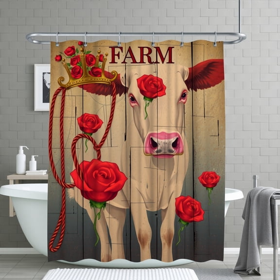 Whimsical Cream Cow Shower Curtain with Red Roses & Gold Crown - Rustic Farm Decor