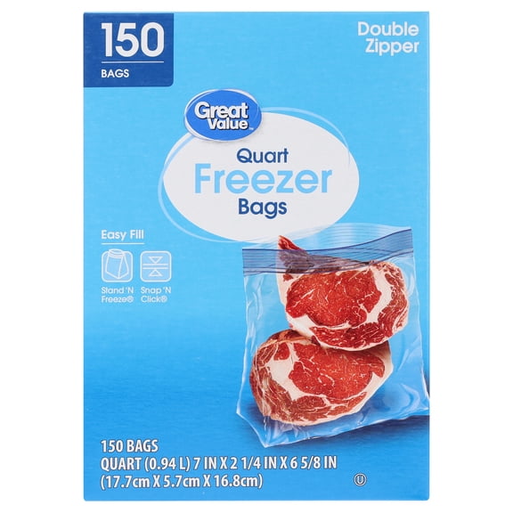 Great Value Quart Freezer Bags with Double Zipper, 150 Count