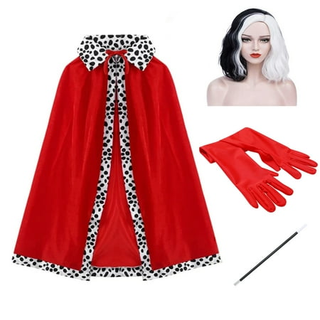 IDOPIP Cruella Deville Costume Women 4PCS Dalmatian Red Cape Bob Black and White Wigs Cigarette Holder with Long Gloves Accessories Set for Halloween Carnival Party Role Play 120cm Adult_Red