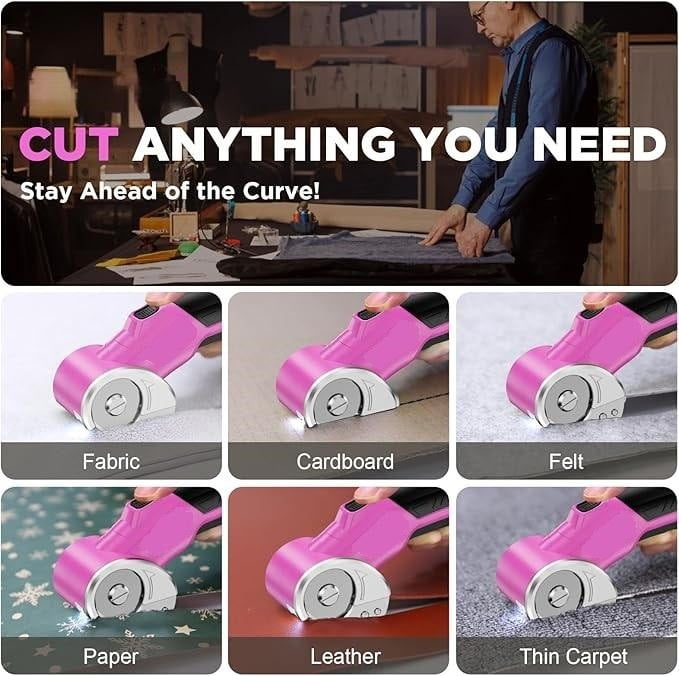 Cordless Electric Scissors: 4V Rechargeable Rotary Cardboard Cutter, 3000mAh Battery, with LED Light, 2 Blades, Box Cutter for Fabric Carpet Carton Plastic Leather Cloth (Pink)