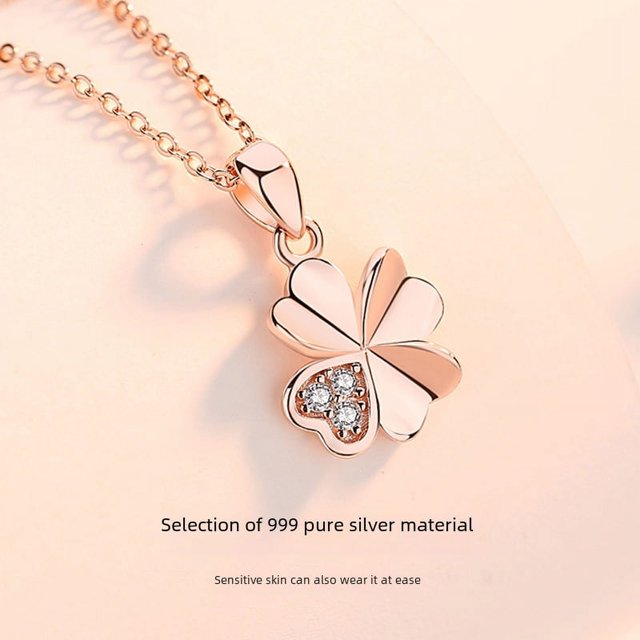 Collar de trébol de cuatro hojas para mujer, clavícula de verano, plata de ley 999, color dorado, colgante de nicho de lujo para regalo de cumpleaños