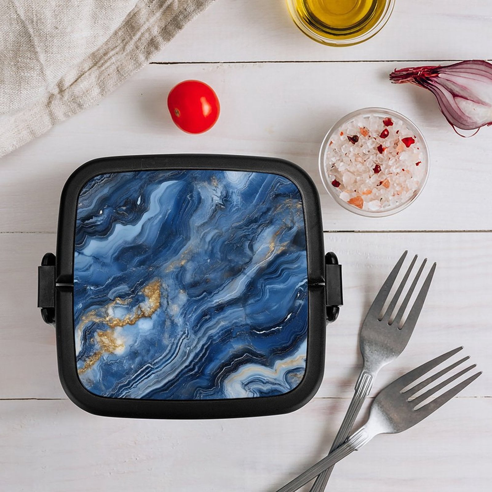 5.3×4.3in Double-Layer Bento Box Sealing Leakproof Partition Design Buckle Design Convenient Switch With Handle SteelBlue Marble_3