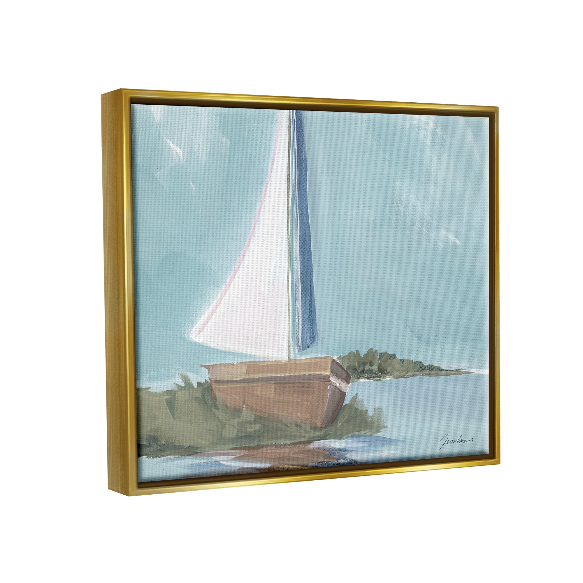 Stupell Industries Maritime Sailboat Scene Transportation Painting Gold Floater Framed Art Print Wall Art, 31 x 25