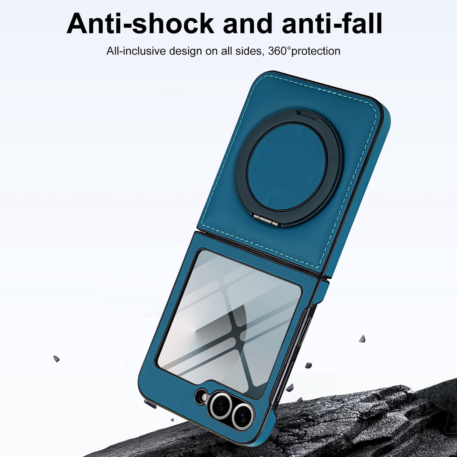 Compatible with Samsung Galaxy Z Flip 7 Phone Case,Built-in Screen Protector,360° Rotatable Ring Kickstand,Compatible with Mag-Safe,Anti-Scratch Leather Shockproof Rugged Phone Case,Blue