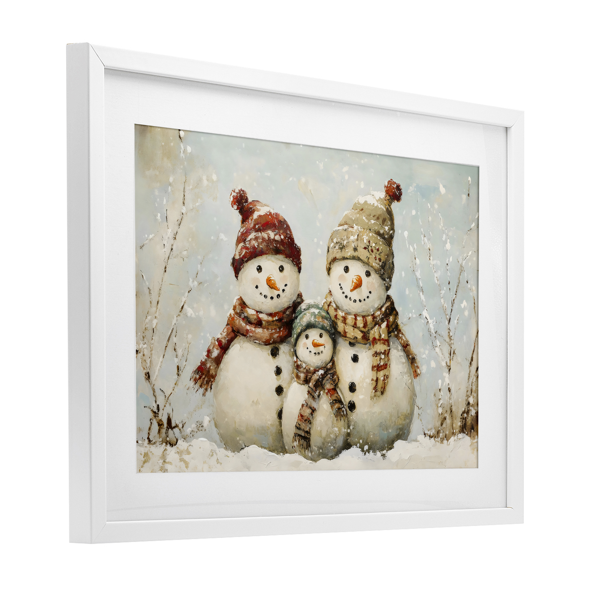 Snowman Family Of Three White Framed Print Under Glass, design by Petal Prints Design