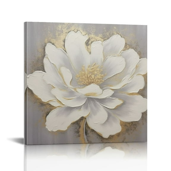 JRXY White Magnolia Painting Grey Gold Floral Canvas Wall Art Prints Living Room Decor 16x16 Inch 12x12 in