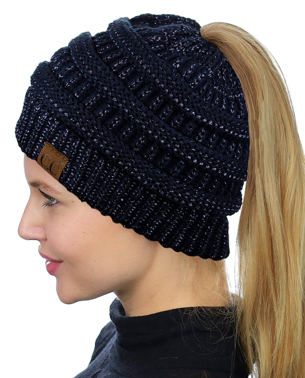 C.C BeanieTail Soft Stretch Cable Knit Messy High Bun Ponytail Beanie Hat 
