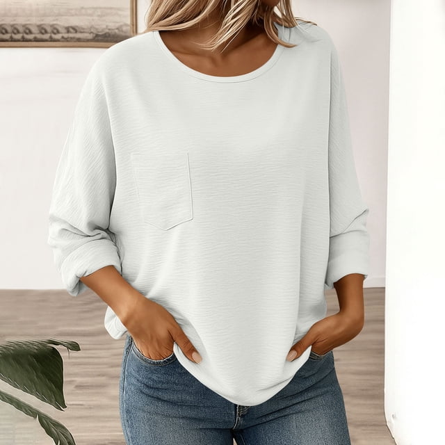 Ailaofu Hauts à Manches Longues pour Femmes, T-Shirts Décontractés avec Poche, Col Rond, Blouses Amples, Tuniques Habillées
