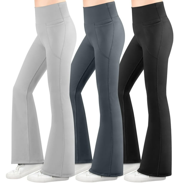 BIG ELEPHANT 3 Packs de Leggings Acampanados para Niña con Bolsillos Laterales, Pantalones Acampanados de Cintura Alta para Baile