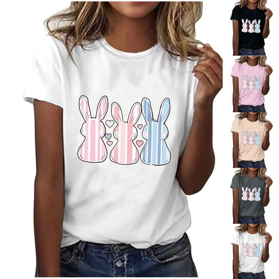 Zedker Easter Shirts for Women Happy Easter Day Tee Cute Bunny Rabbit Tshirt Floral Flower Casual Short Sleeve Tops Black L