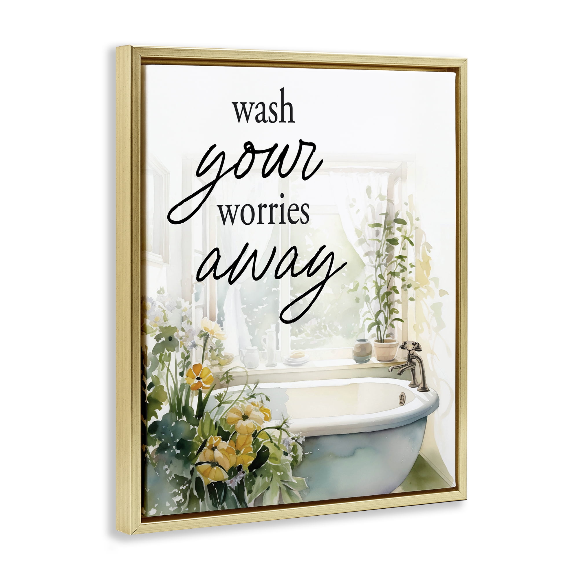Wash Worries Away Sunlit Bath Gold Framed Floater Canvas Wall Art, design by Lettered and Lined