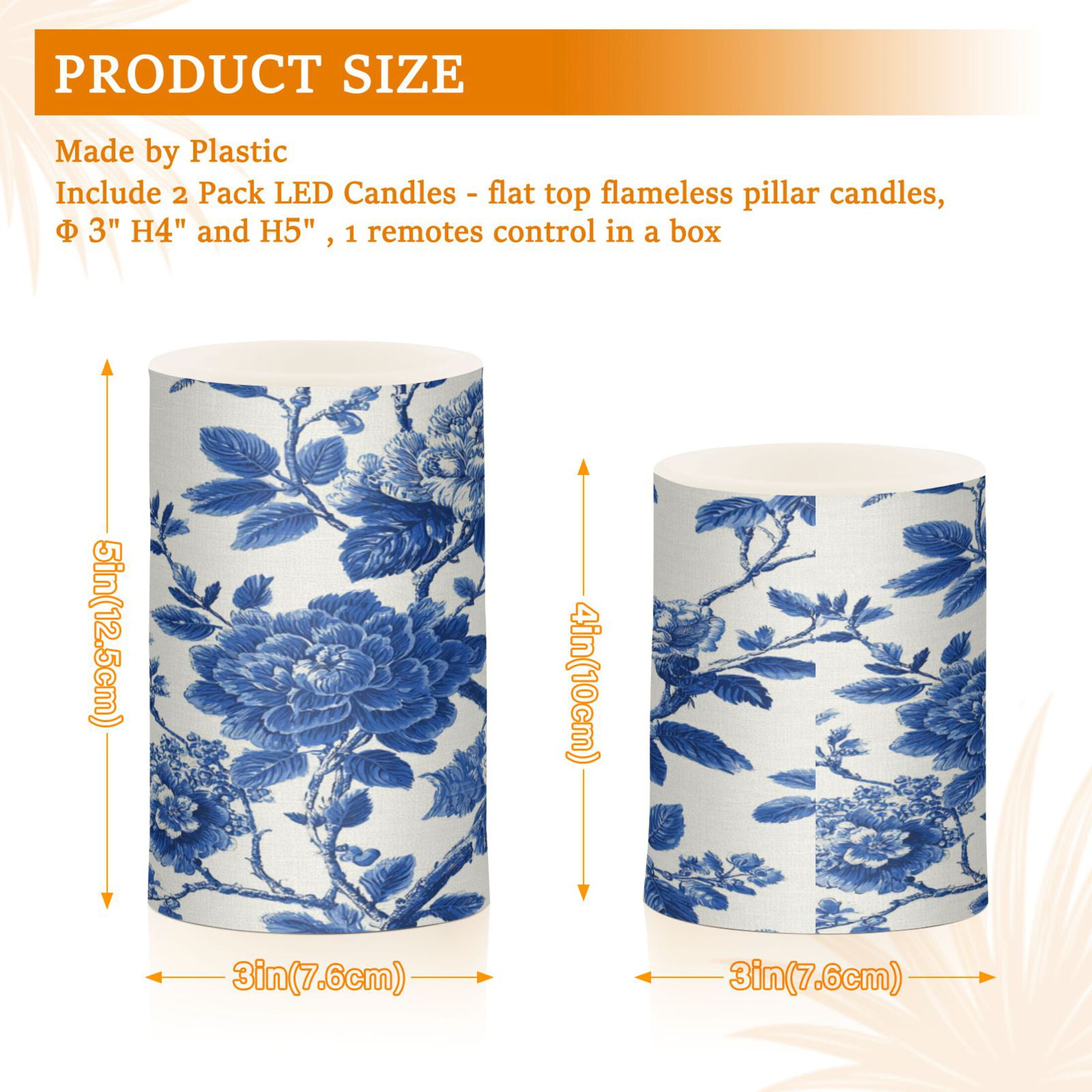 2 PCS Flameless Candles with Remote Timer LED Battery Operated Flickering Candle Light for Wedding Table Home Decoration Gifts Blue Floral