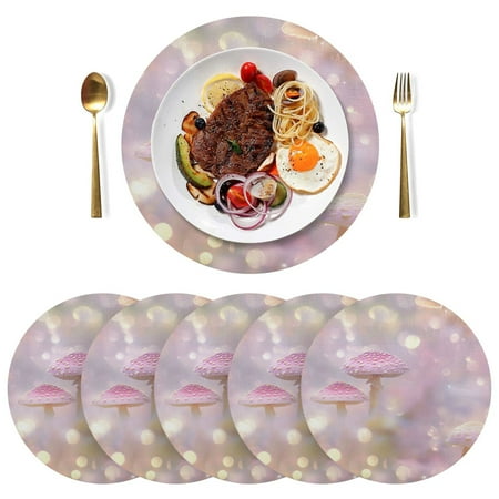

Round Placemats Plate Mats 15 Inch Non-Slip Heat Resistant Washable PVC Set Table Decoration for Kitchen Dining Pink Fantasy Mushroom