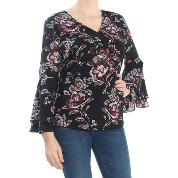ALFANI $69 Womens New 1051 Black Printed Poet Sleeve V Neck Top 8 B B