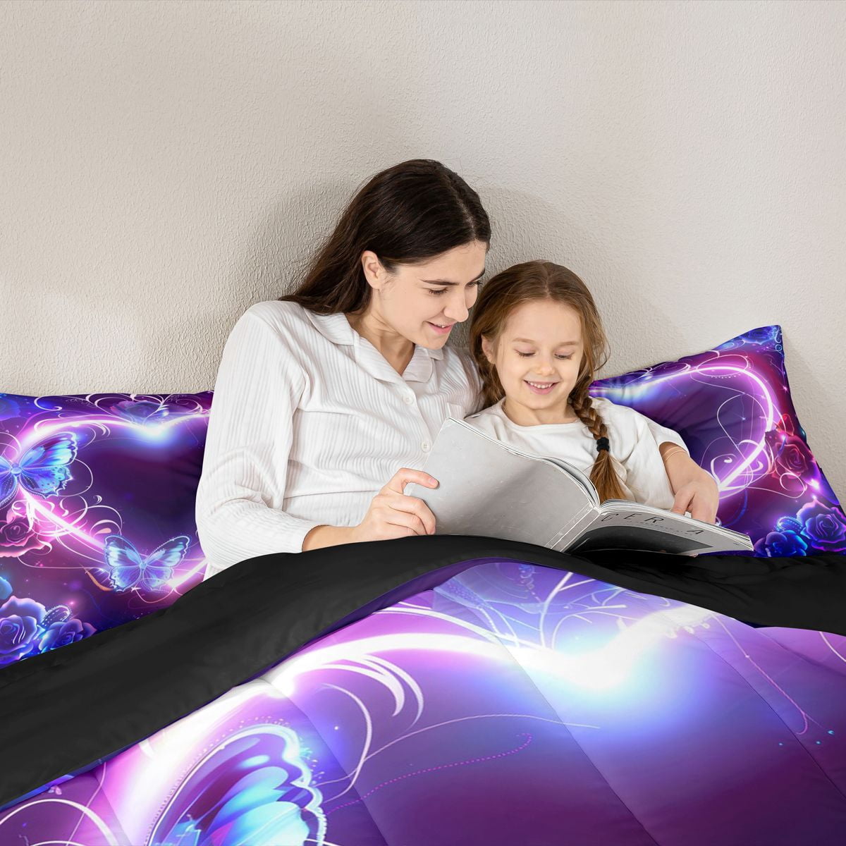 Homewish Kawaii Butterfly 7-Piece Bedding Comforter Set,3D Chic Flower King Bedding Sets,Pink Purple Bed Sheets For Men Women,Super Cozy Room Decor Reversible