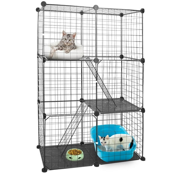 SAEWUD 3-Tier Large Metal Cat Playpen Cage with 3 Doors & 2 Ladders, Indoor Pet House Enclosure for Cats, Kittens, Small Animals, Home Use
