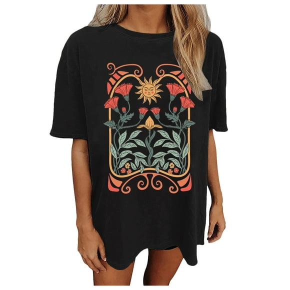 TSADFHJI V Neck Tops for Women Short Sleeve Womens Oversized Tshirt Flower Graphic Tees Music Short Sleeve Shirts Summer Casual Loose Beach Tops L Black