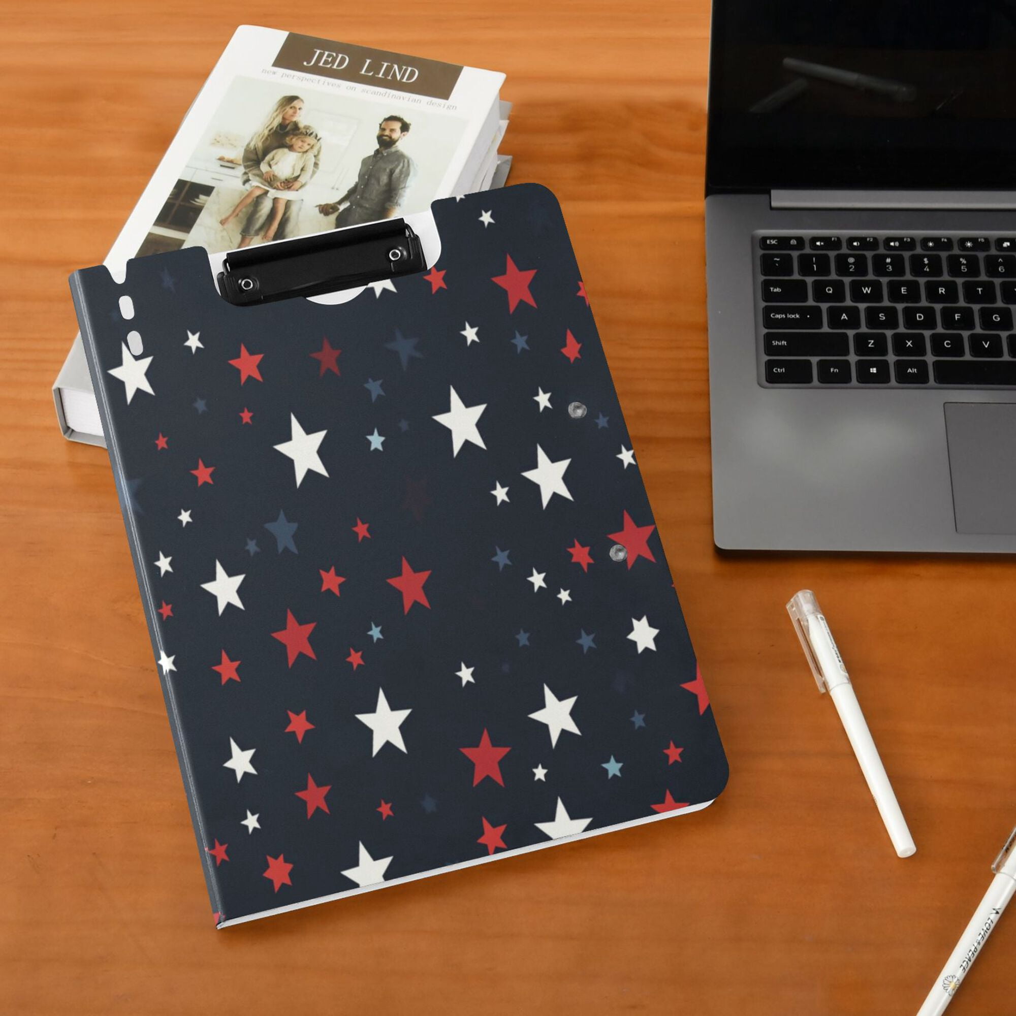 FORMRS A4 Clipboard Folder with Pen Holder Horizontal Foldable School Office Binder, Blue Stars Pattern