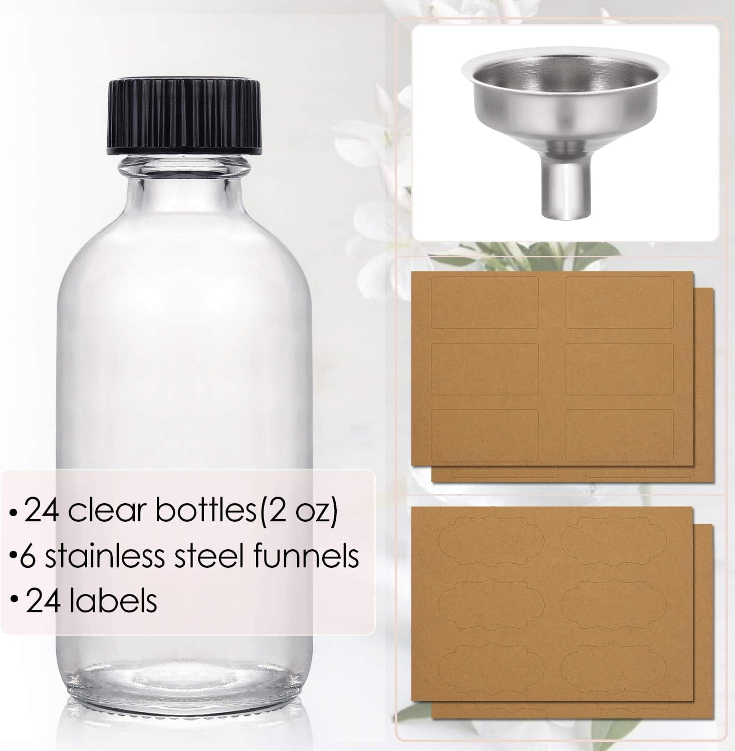 AP 24 Pack, 2 oz Small Clear Glass Bottles w/ Lid & 6 Stainless Steel Funnels-60ml Boston Sample Bottles-Mini Travel Essential or Decorative Bottles for Potion, Juice, Wellness, Ginger Shots, Whiskey
