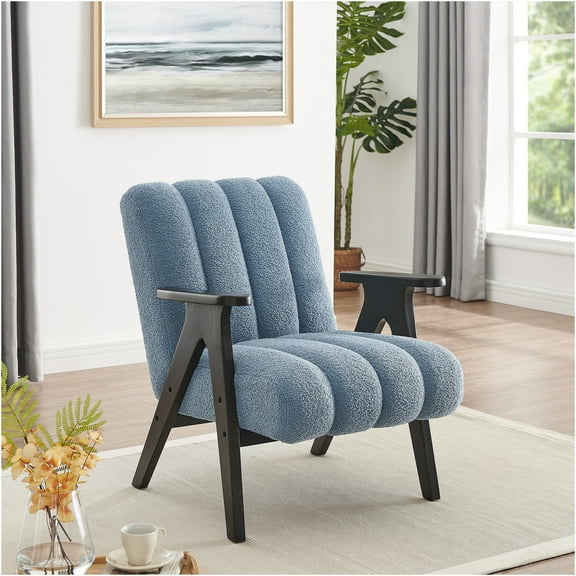 JERFIT Blue Teddy Sherpa Accent Chair with Espresso Wood Frame, Modern Upholstered Armchair for Living Room, Bedroom or Office