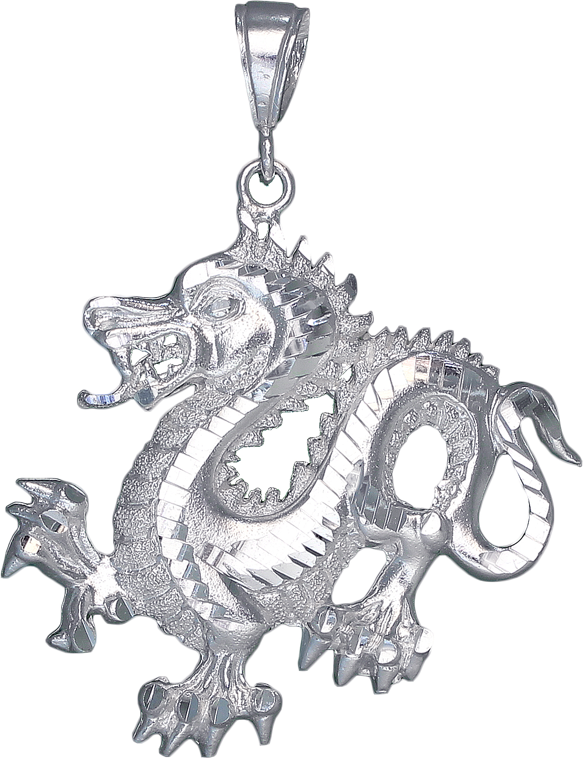 Sterling Silver Dragon Charm Pendant Necklace with Diamond Cut Finish